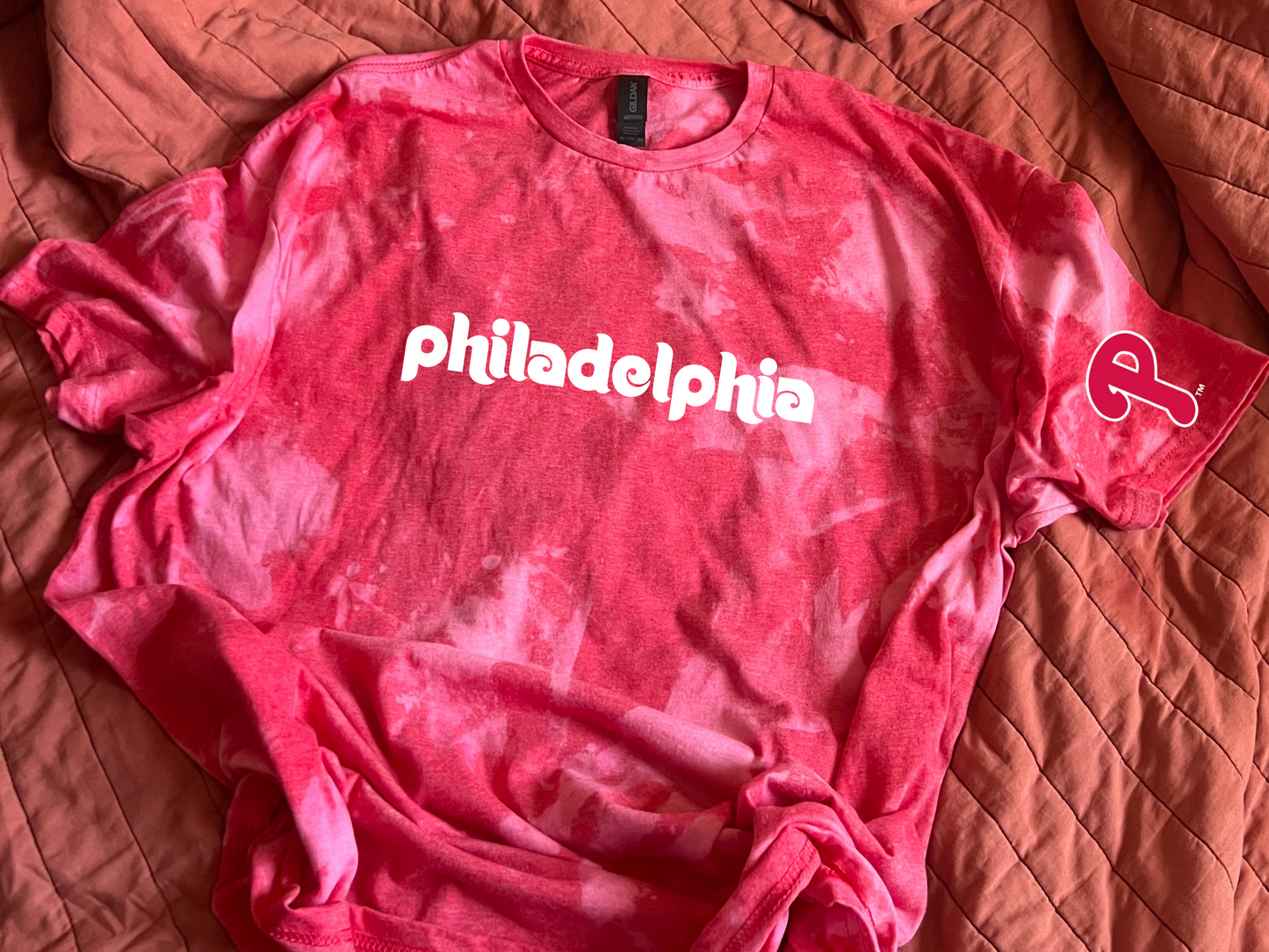 Philadelphia Phillies Team Name with P logo on sleeve Reverse Tie Dye T Shirt, Long Sleeve Shirt, Crewneck Sweatshirt, Hooded Sweatshirt, Hoodie, Tee