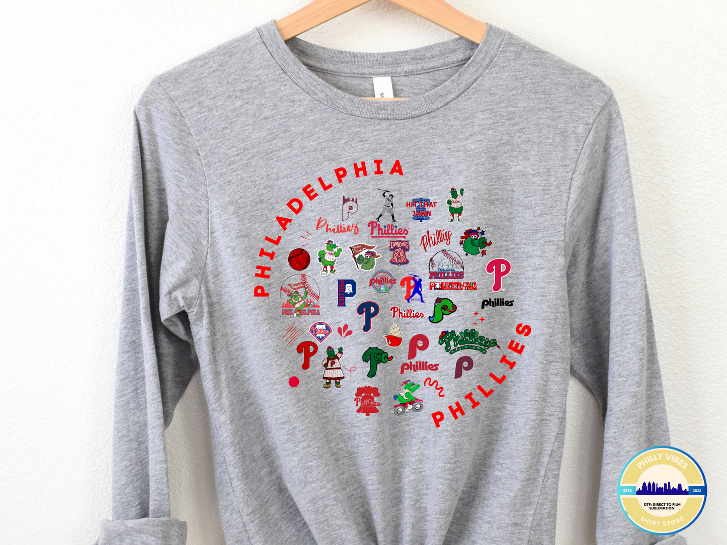 Philadelphia Phillies Collage, Phillies Graphic Logos with Phanatic T Shirt, Long Sleeve Shirt, Crewneck Sweatshirt, Hooded Sweatshirt, Hoodie, Tee