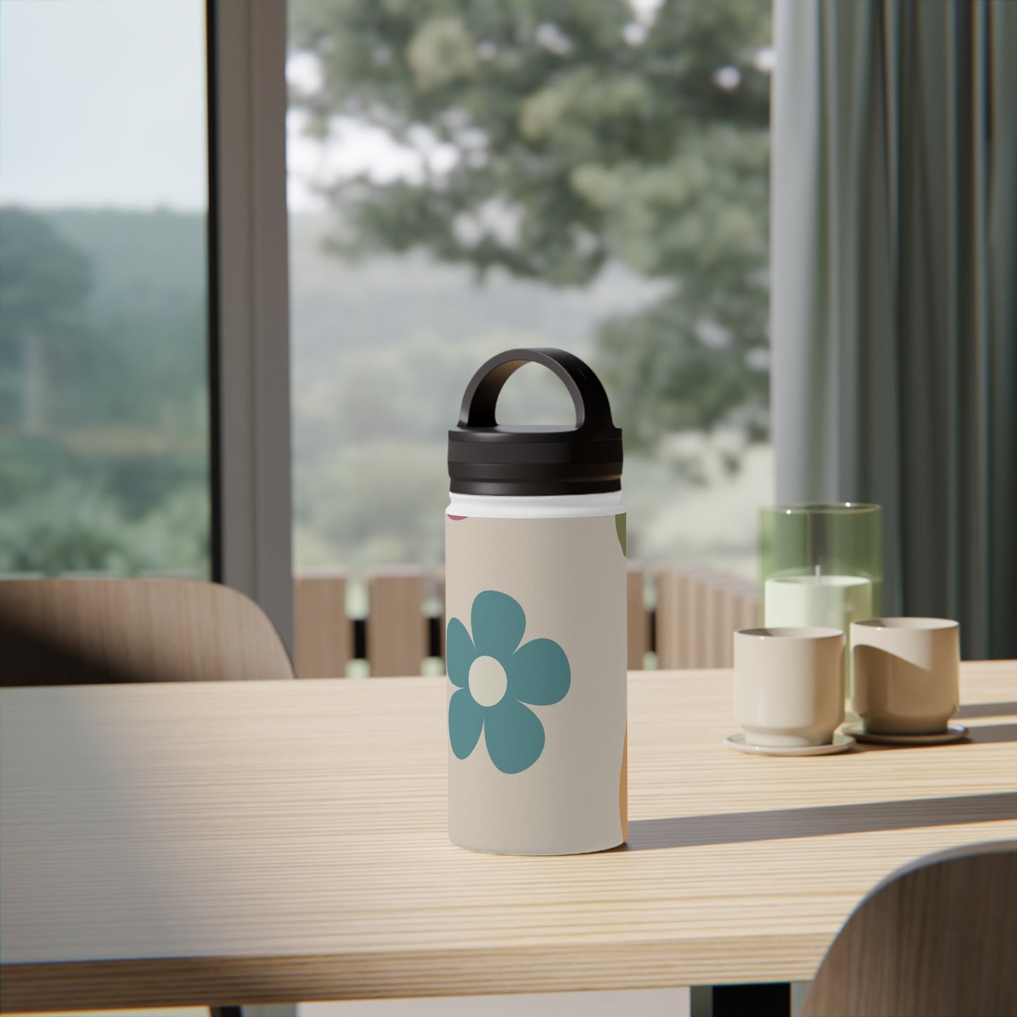 Retro Flowers and Smiley Face Stainless Steel Water Bottle, Handle Lid, Water Bottle for School, Free Shipping, School