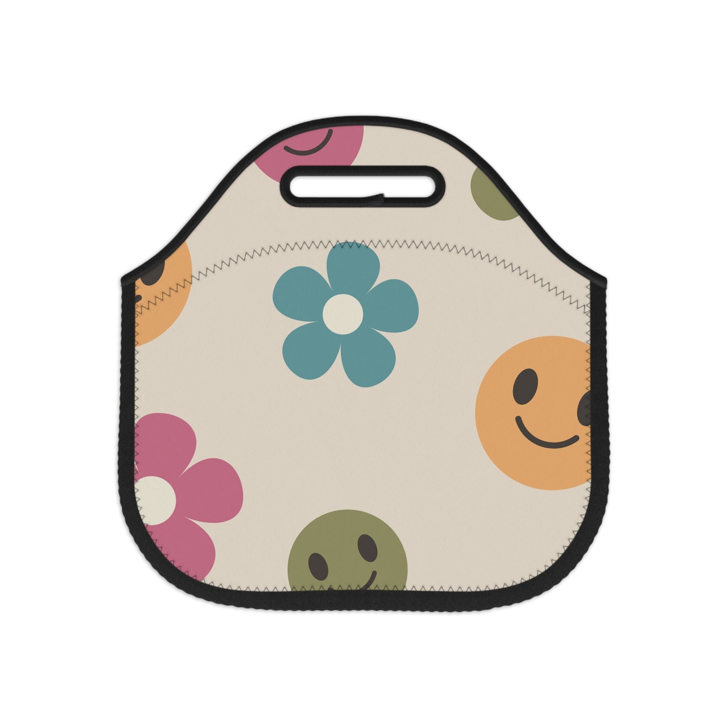 Retro Flowers and Smiley Face Lunch Bag, Retro Lunch Bag, Neoprene Lunch Bag, Free Shipping, School