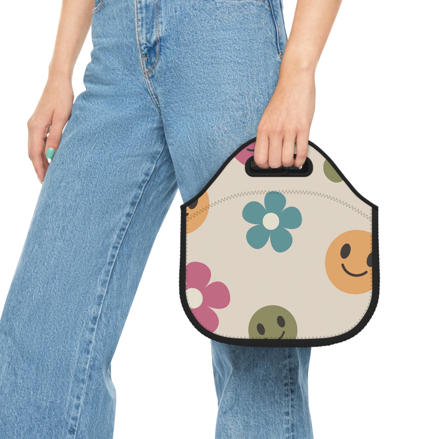 Retro Flowers and Smiley Face Lunch Bag, Retro Lunch Bag, Neoprene Lunch Bag, Free Shipping, School