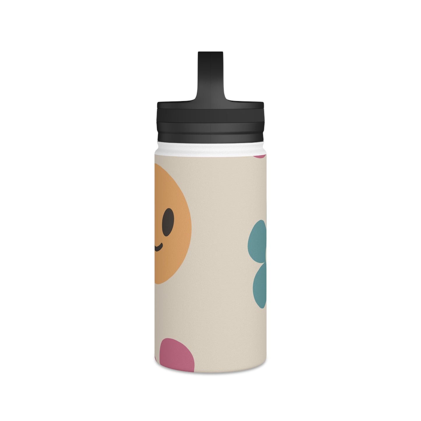 Retro Flowers and Smiley Face Stainless Steel Water Bottle, Handle Lid, Water Bottle for School, Free Shipping, School