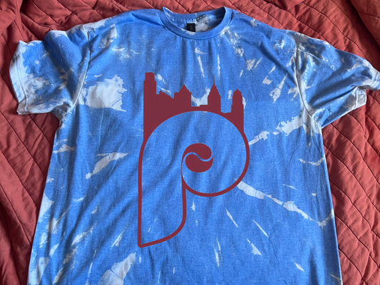 Philadelphia Phillies Reverse Tie Dye Blue Large Philly P Skyline T Shirt Tee