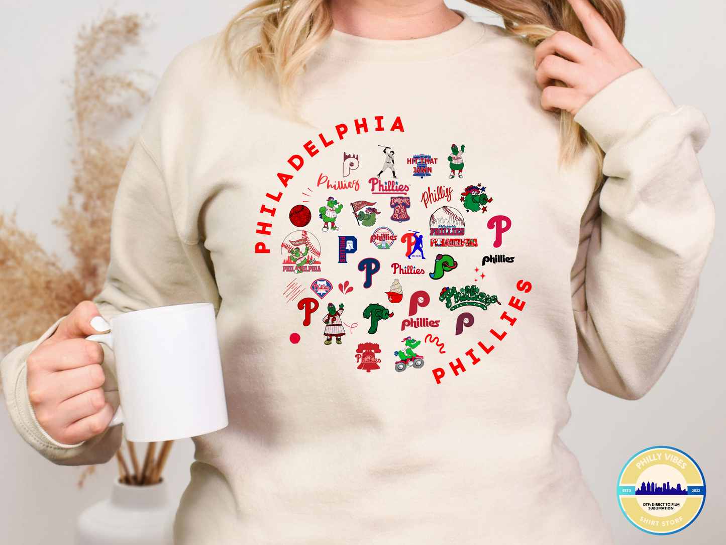 Philadelphia Phillies Collage, Phillies Graphic Logos with Phanatic T Shirt, Long Sleeve Shirt, Crewneck Sweatshirt, Hooded Sweatshirt, Hoodie, Tee