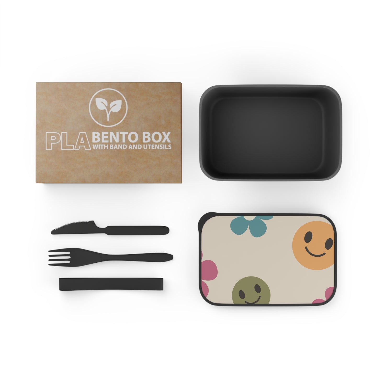 Retro Flowers and Smiley Face PLA Bento Box with Band and Utensils, Lunch Container, School, Free Shipping