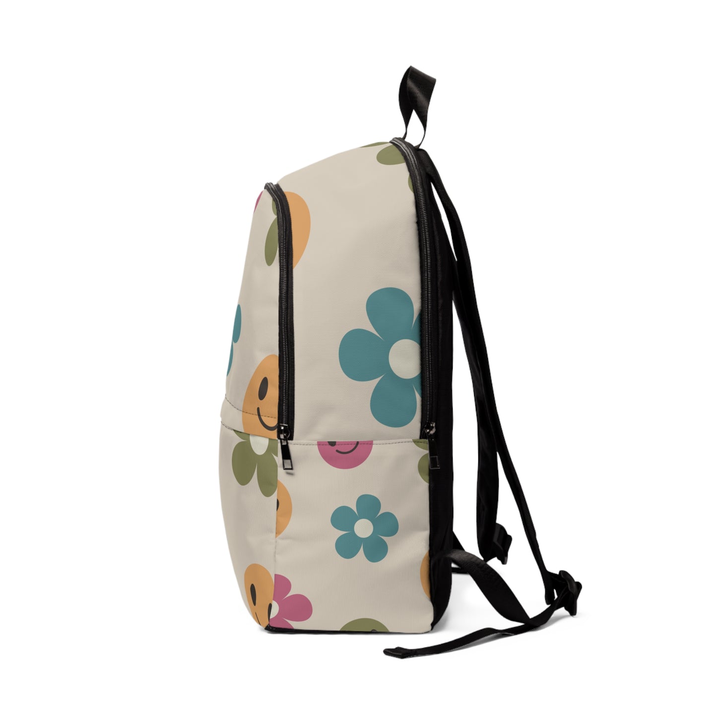 Retro Flowers and Smiley Face, Trendy Backpack, Trendy Book Bag, Free Shipping, Unisex Fabric Backpack, School