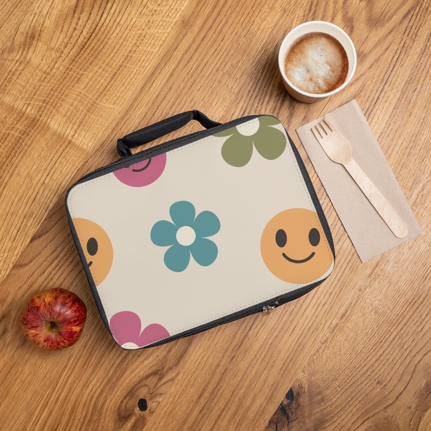 Retro Flower and Smiley Face Lunch Bag, School Lunch Box, Free Shipping