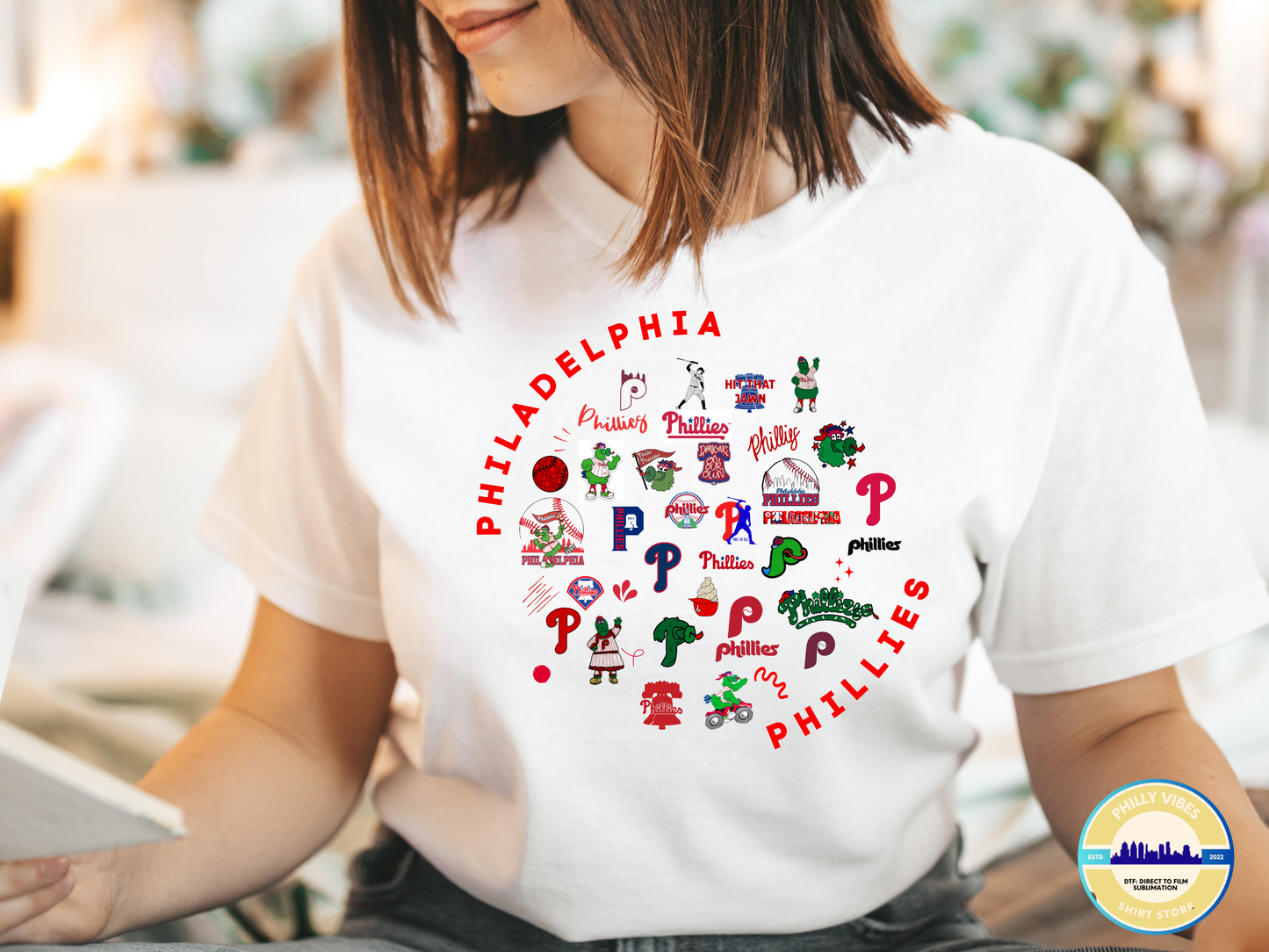 Philadelphia Phillies Collage, Phillies Graphic Logos with Phanatic T Shirt, Long Sleeve Shirt, Crewneck Sweatshirt, Hooded Sweatshirt, Hoodie, Tee