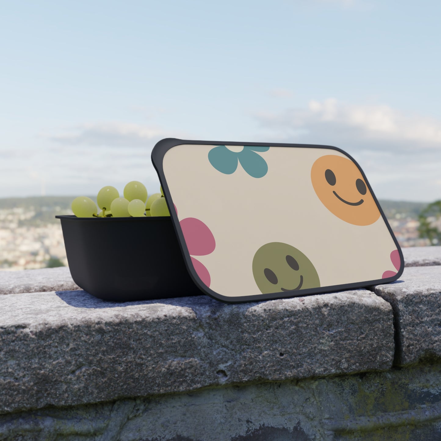 Retro Flowers and Smiley Face PLA Bento Box with Band and Utensils, Lunch Container, School, Free Shipping