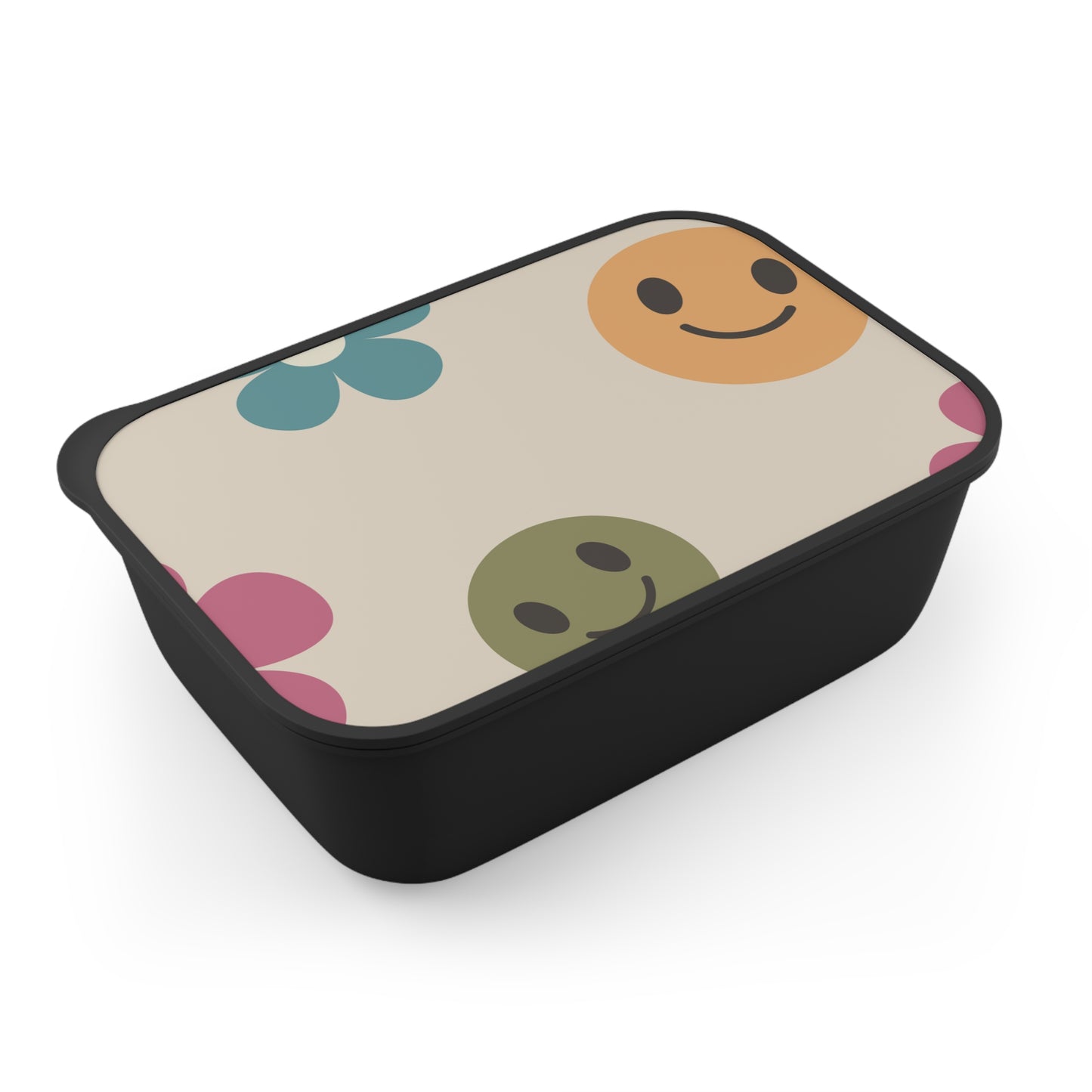 Retro Flowers and Smiley Face PLA Bento Box with Band and Utensils, Lunch Container, School, Free Shipping