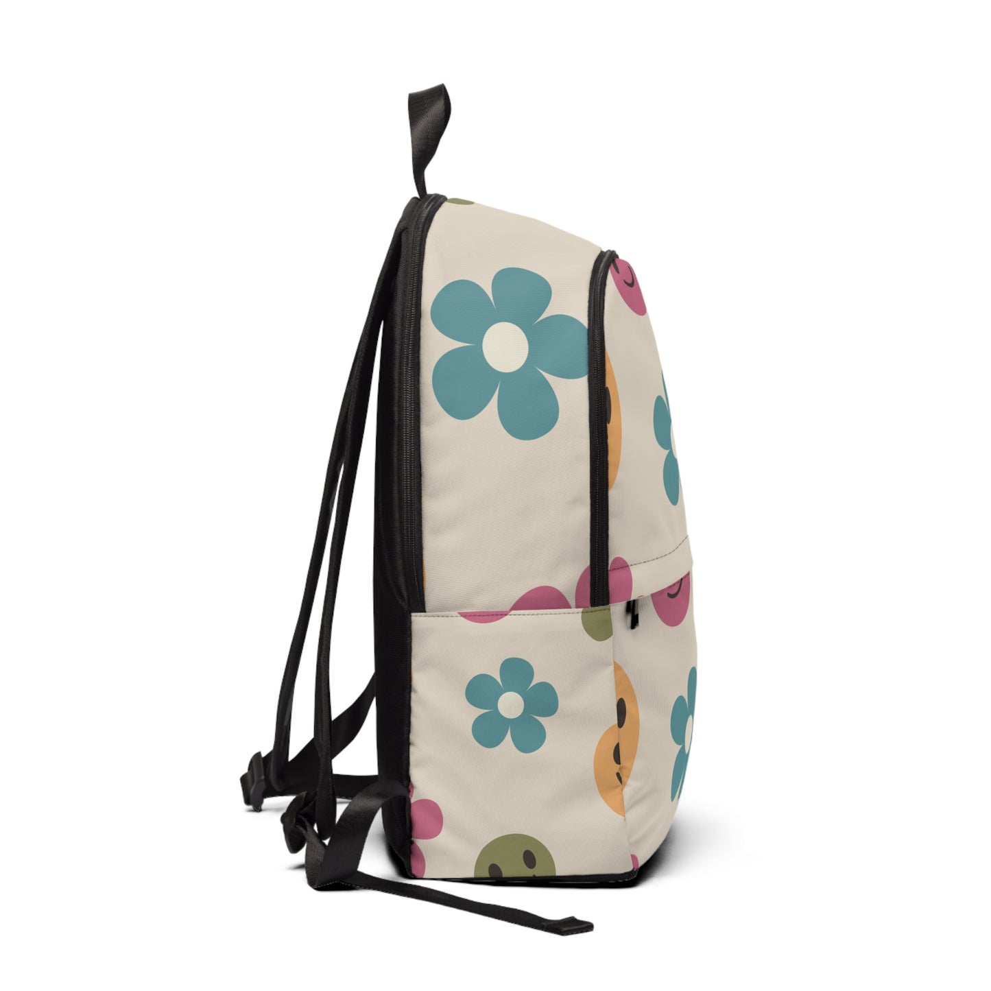 Retro Flowers and Smiley Face, Trendy Backpack, Trendy Book Bag, Free Shipping, Unisex Fabric Backpack, School