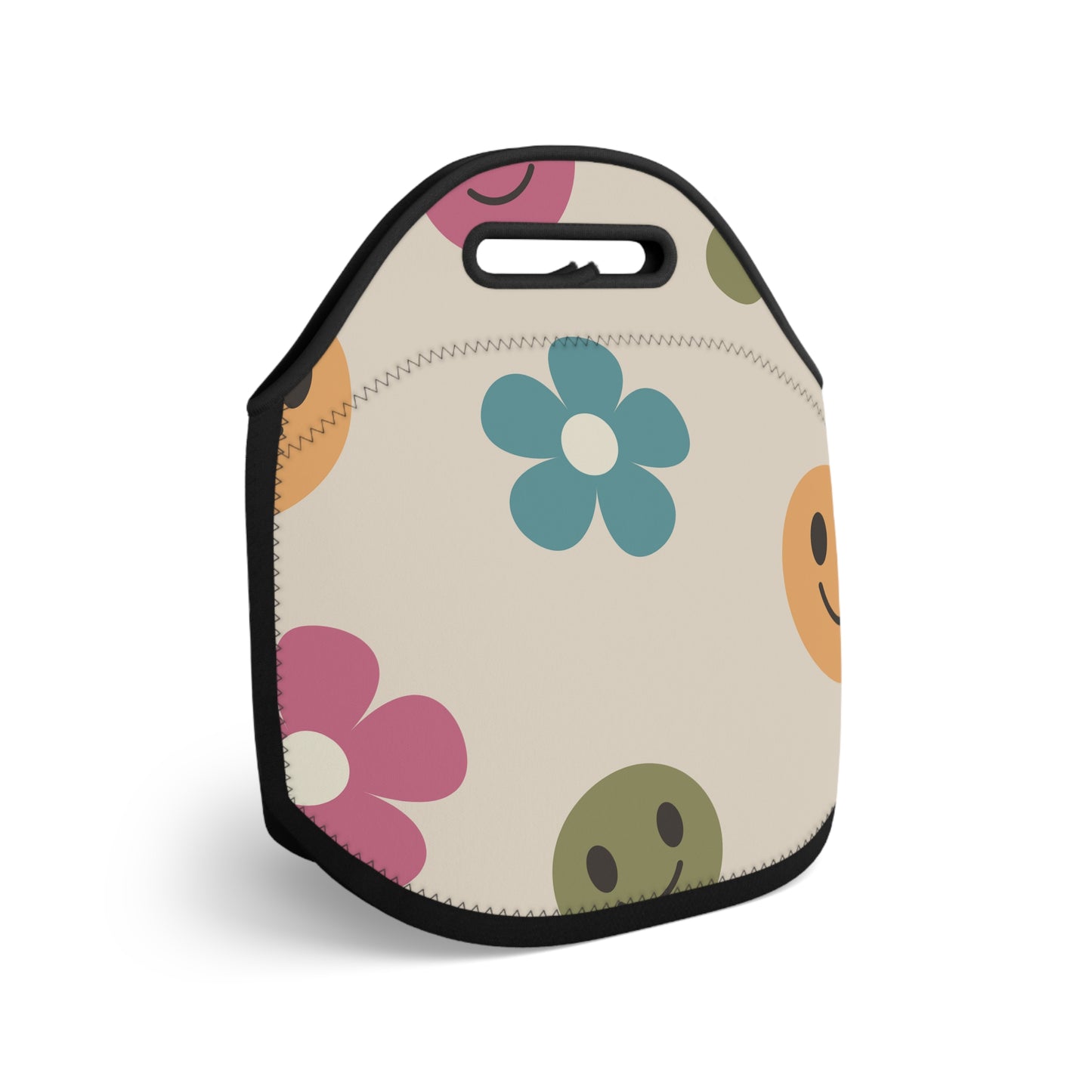 Retro Flowers and Smiley Face Lunch Bag, Retro Lunch Bag, Neoprene Lunch Bag, Free Shipping, School