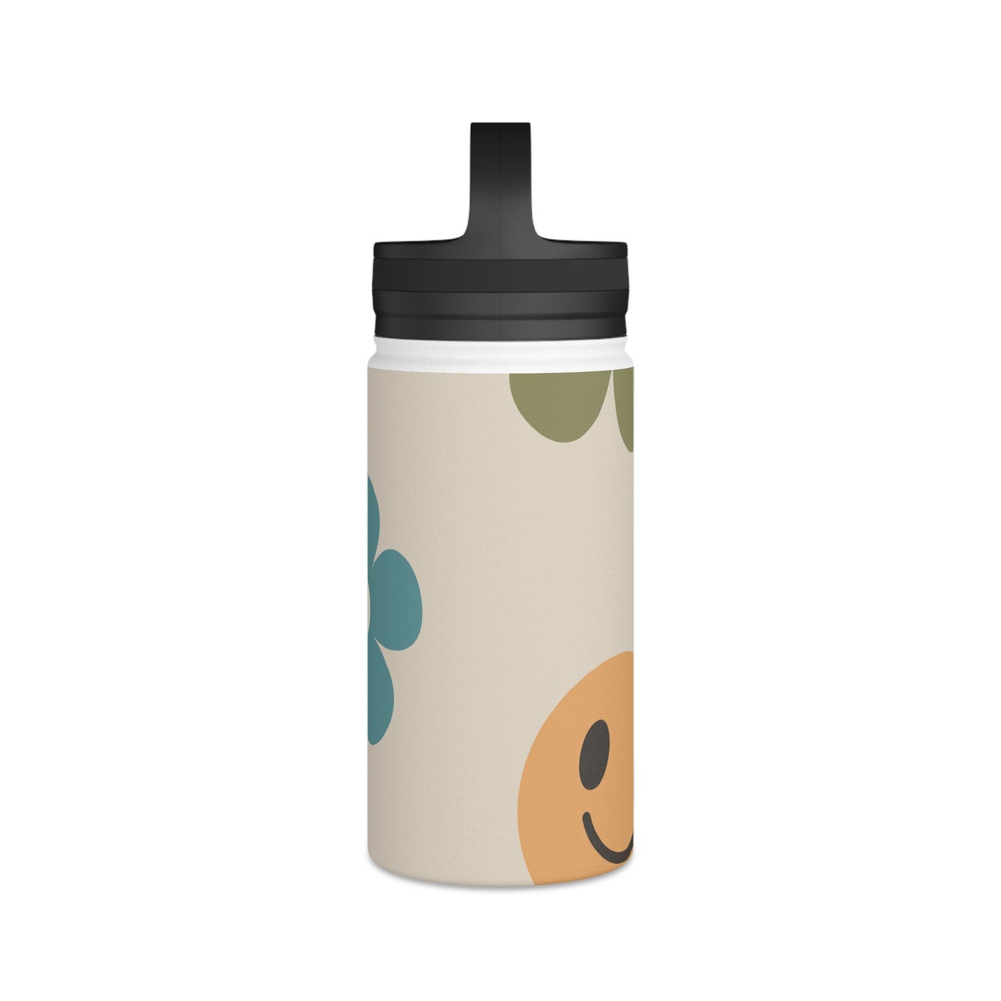 Retro Flowers and Smiley Face Stainless Steel Water Bottle, Handle Lid, Water Bottle for School, Free Shipping, School