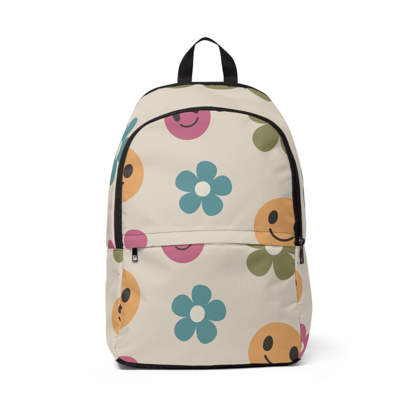 Retro Flowers and Smiley Face, Trendy Backpack, Trendy Book Bag, Free Shipping, Unisex Fabric Backpack, School