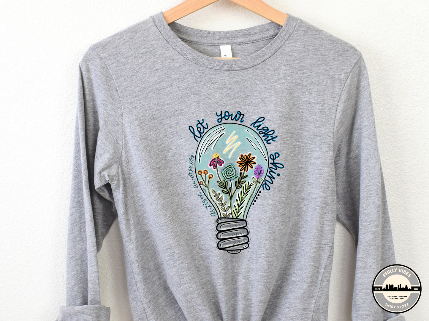 AUTISM AWARENESS Let Your Light Shine Flower Lightbulb T Shirt, Long Sleeve Shirt, Crewneck Sweatshirt, Hooded Sweatshirt, Hoodie, Tee