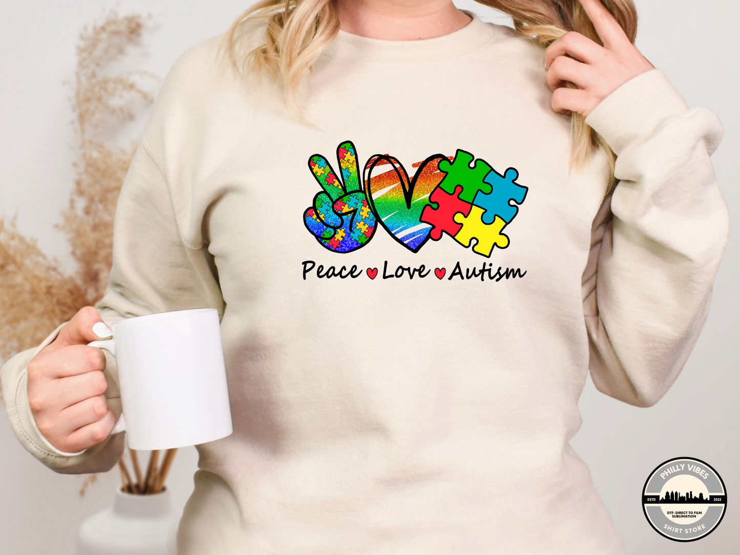 Autism Awareness Peace Love Autism T Shirt, Long Sleeve Shirt, Crewneck Sweatshirt, Hooded Sweatshirt, Hoodie, Tee