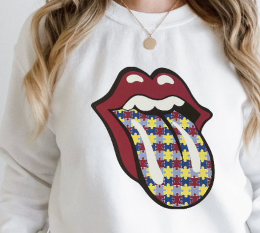 AUTISM AWARENESS Rolling Stone Puzzle Tongue T Shirt, Long Sleeve Shirt, Crewneck Sweatshirt, Hooded Sweatshirt, Hoodie, Tee